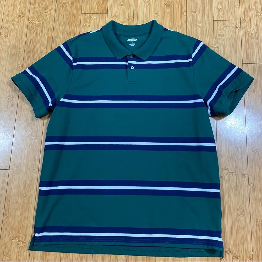 Men's Medium Polo Shirt - Green Navy White Striped - Old Navy